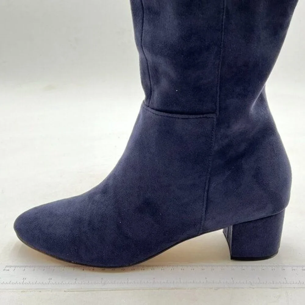 Women's Side Zipper Chunky Heel Knee High Boots Blue